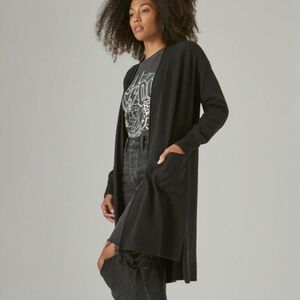 Lucky Brand Cotton Cashmere Long Line Cardigan Size Large Black